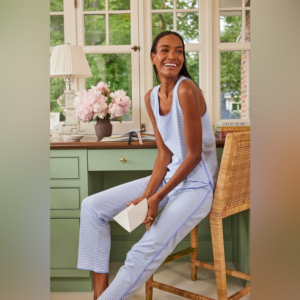 Lake Pima Cotton Tank- Long Set in Hydrangea Blue Stripes - M